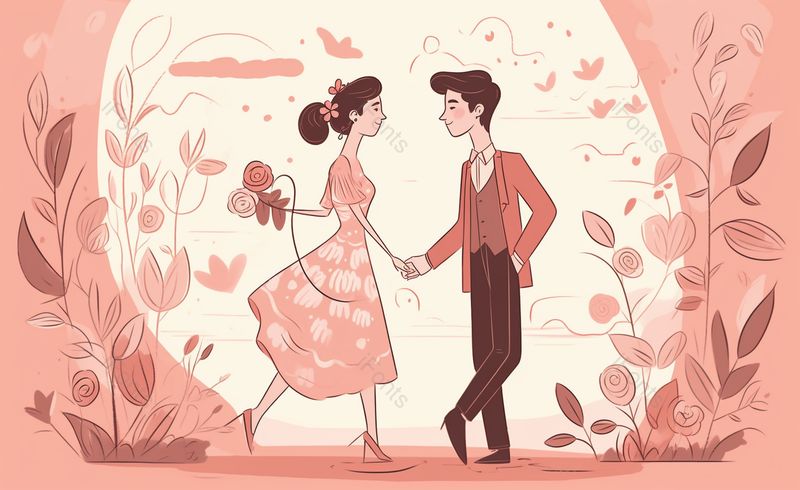 爱心情侣牵手捧花卡通线条手绘插画背景,插画/手绘图,插画/手绘图库,插画/手绘图下载,插画/手绘